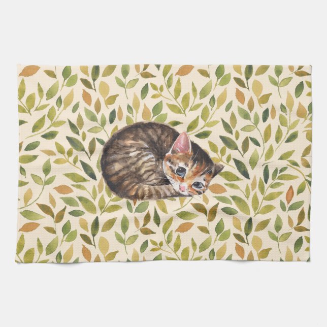 Sleepy cat, floral background tea towel (Horizontal)