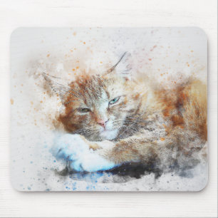 Sleepy Cat Girl Abstract Watercolor Mouse Pad