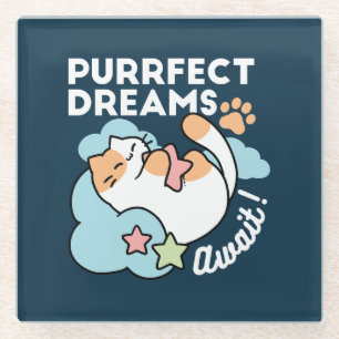 Sleepy Cat Hugging Star – Purrfect Dreams Cute Cat Glass Coaster