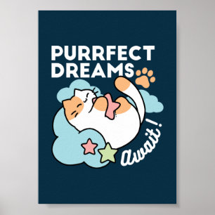 Sleepy Cat Hugging Star – Purrfect Dreams Cute Cat Poster