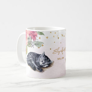 Sleepy Cat Illustration Gold Glitter Girl Custom Coffee Mug