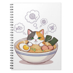 Sleepy Cat in Ramen Bowl – Cosy Cute Cartoon Notebook