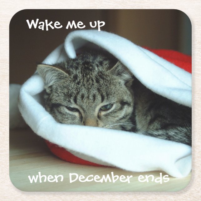 Sleepy Cat in Santa Hat Cute Square Paper Coaster (Front)
