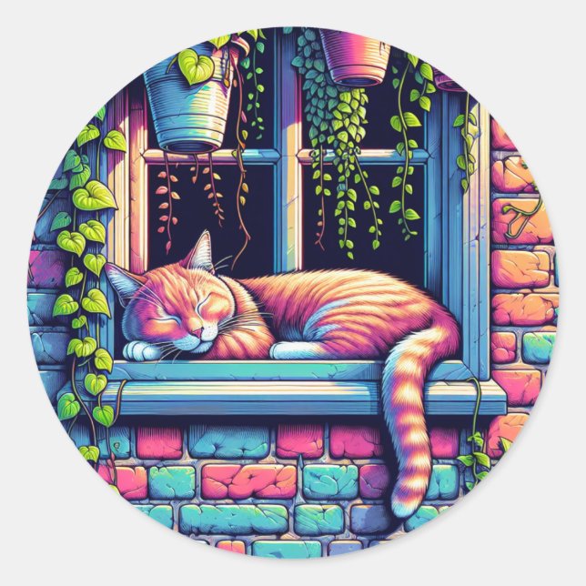 Sleepy Cat in Window Sill Ai Art Classic Round Sticker (Front)