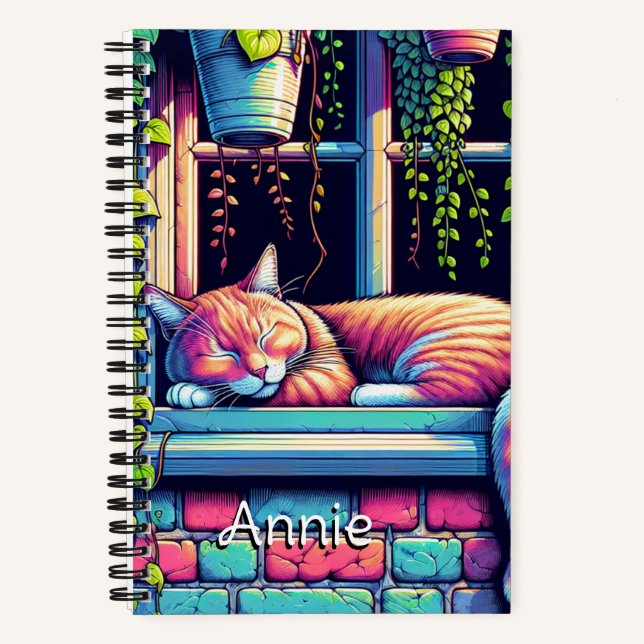 Sleepy Cat in Window Sill Ai Art Personalised Notebook (Front)