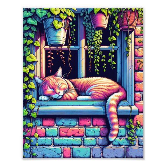 Sleepy Cat in Window Sill Ai Art Photo Print (Front)