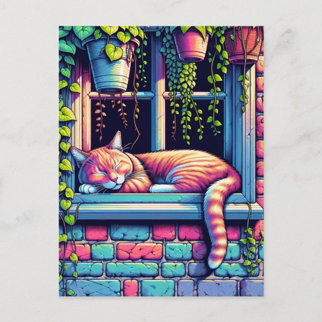 Sleepy Cat in Window Sill Ai Art Postcard (Front)