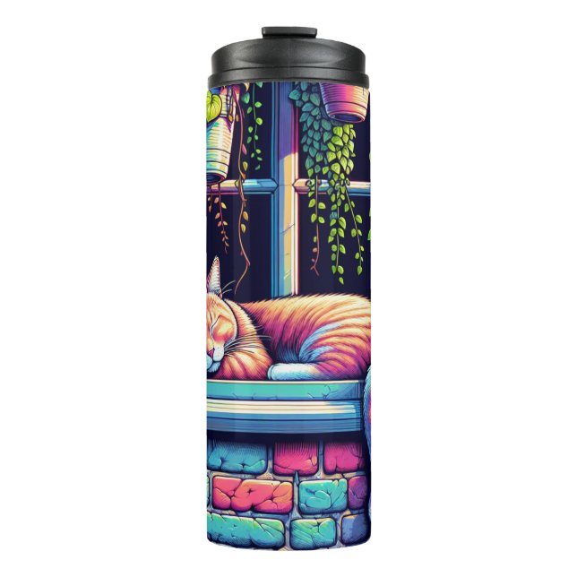 Sleepy Cat in Window Sill Ai Art Thermal Tumbler (Front)