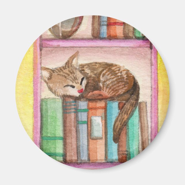 Sleepy Cat on Bookshelf Magnet (Front)