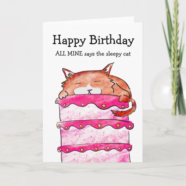 Sleepy cat on cake birthday card (Front)