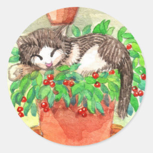 Sleepy Cat on Plant Classic Round Sticker