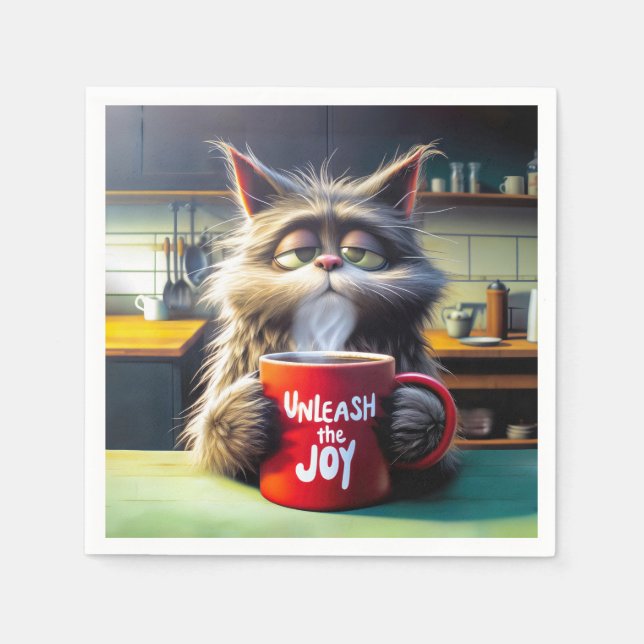 Sleepy Cat With Fun Text On a Red Coffee Mug Napkin (Front)