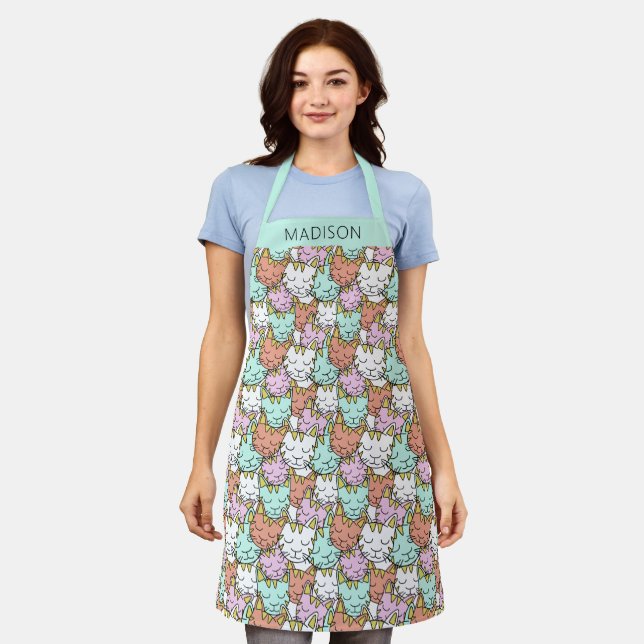 Sleepy Cats Pattern custom name aprons (Worn)
