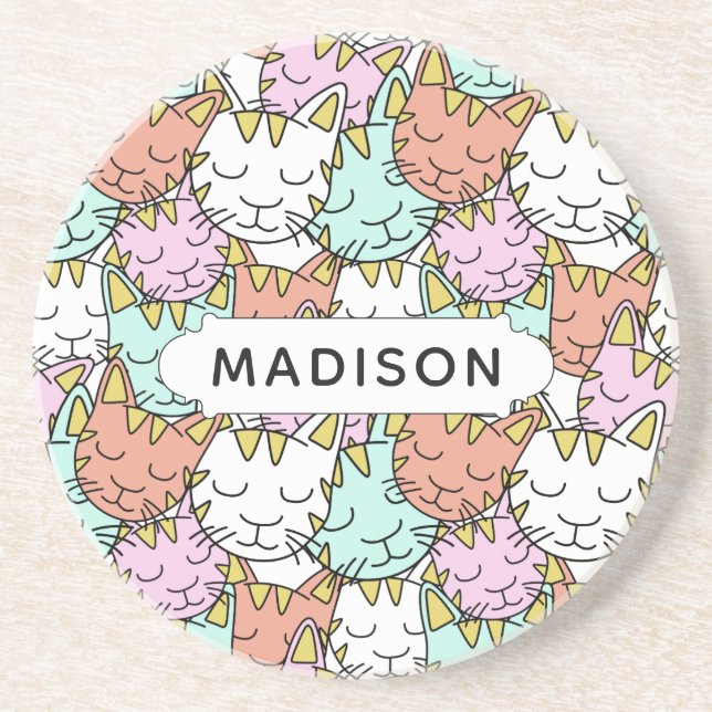 Sleepy Cats Pattern custom name sandstone coaster (Front)