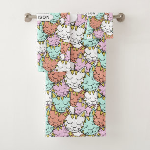 Sleepy Cats Pattern custom name towel set