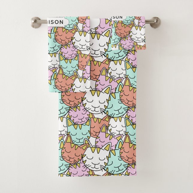 Sleepy Cats Pattern custom name towel set (Insitu)