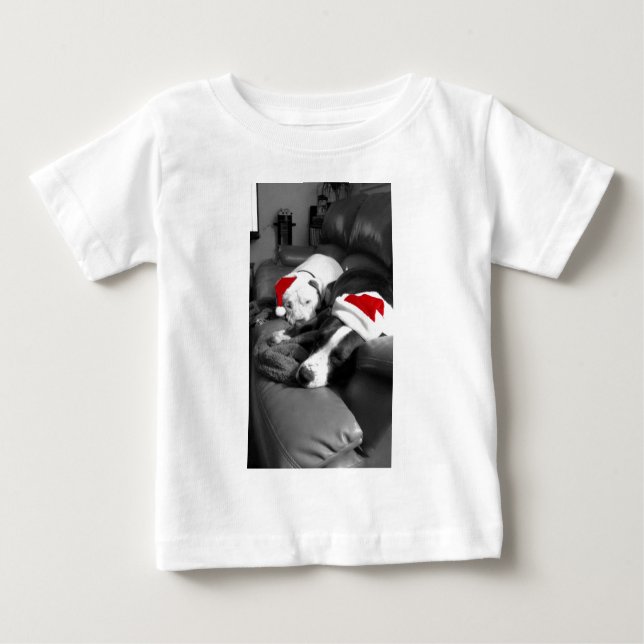 sleepy christmas pitbull puppies adorable santa baby T-Shirt (Front)
