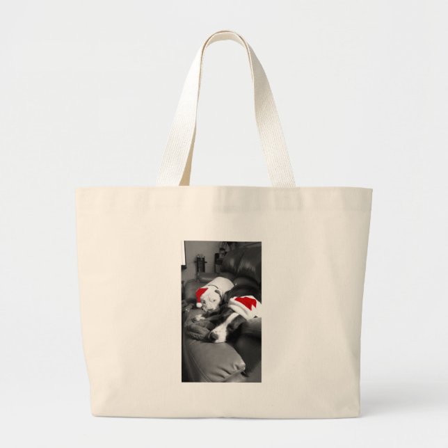 sleepy christmas pitbull puppies adorable santa large tote bag (Front)