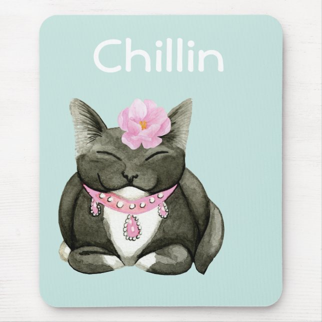 Sleepy Cute Tuxedo Cat Mousepad (Front)