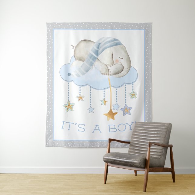 Sleepy Elephant Baby Shower Backdrop Banner Tapestry (In Situ)