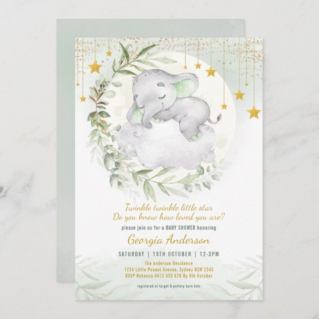 Sleepy Elephant Greenery Twinkle Star Baby Shower Invitation (Front/Back)