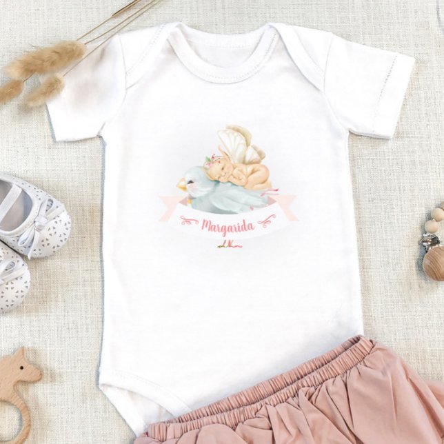 Sleepy Fairy Bird Illustration with Name Girl Baby Bodysuit (Creator Uploaded)
