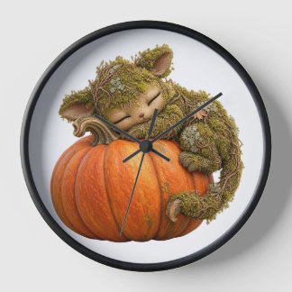 Sleepy Fantasy Creature Hugging Pumpkin Wall Clock