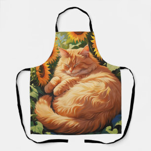 Sleepy Fat Orange Cat with Sunflowers Apron