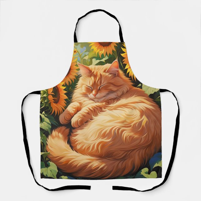 Sleepy Fat Orange Cat with Sunflowers Apron (Front)
