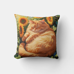 Sleepy Fat Orange Cat with Sunflowers Cushion