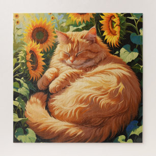 Sleepy Fat Orange Cat with Sunflowers Jigsaw Puzzle