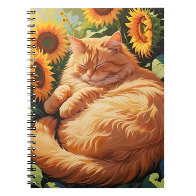 Sleepy Fat Orange Cat with Sunflowers Notebook (Front)