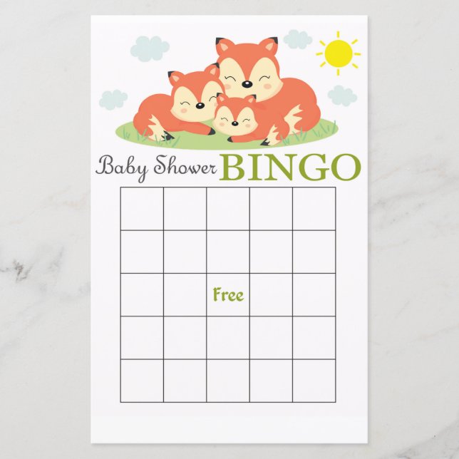 Sleepy fox baby shower bingo card (Front)