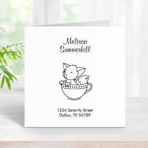 Sleepy Fox in a Teacup Address Rubber Stamp