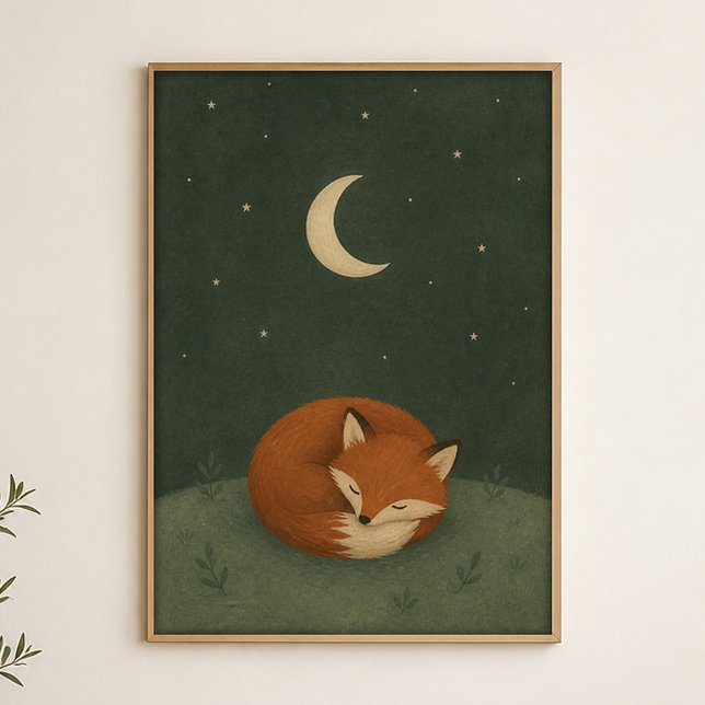 Sleepy Fox Moon Watercolour Celestial Art Poster (Shown framed for scale. Poster ships unframed; frames are an optional add-on.)