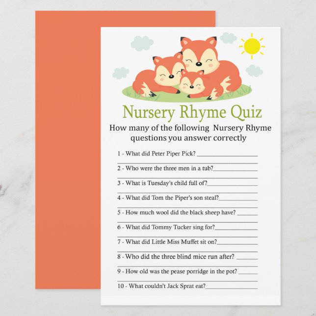 Sleepy fox Nursery Rhyme Quiz baby shower game (Front/Back)