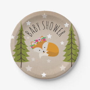 Sleepy Fox Stars + Trees Floral Baby Shower Paper Plate