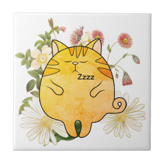 Sleepy Ginger Cat Ceramic Tile
