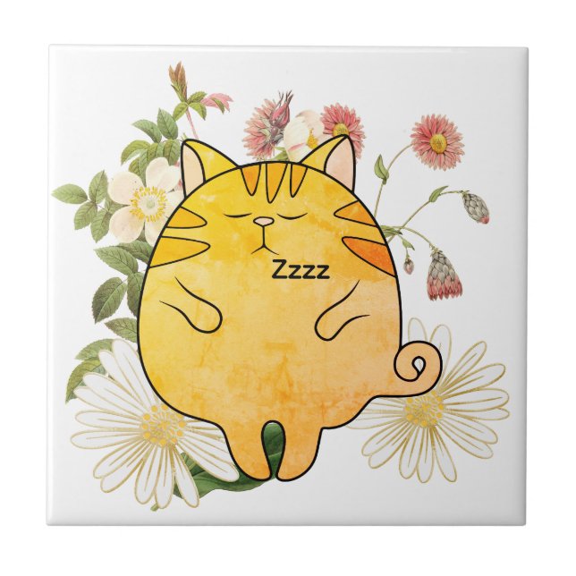 Sleepy Ginger Cat Ceramic Tile (Front)