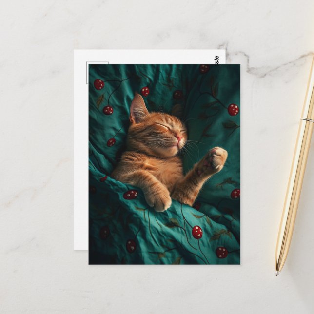 Sleepy Ginger Kitty Under the Blankets Postcard (Front/Back In Situ)
