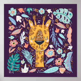 Sleepy Giraffe Tropical Nursery in Purple Poster