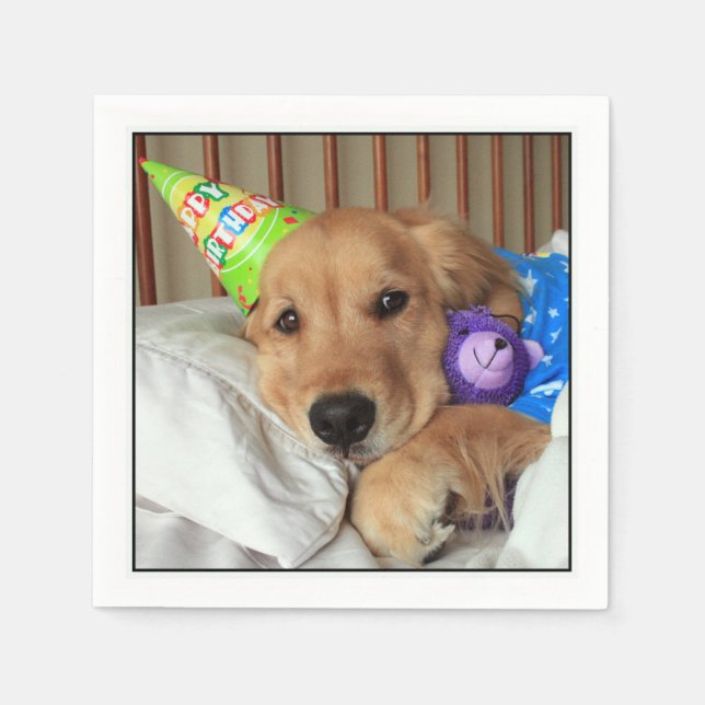 Sleepy Golden Retriever in Pyjamas Birthday Napkin (Front)