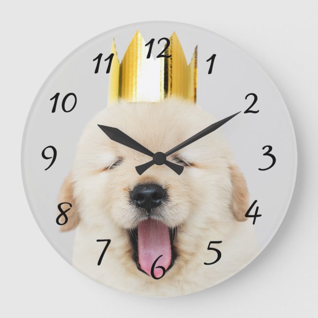 Sleepy Golden Retriever Puppy in Crown Yawning Large Clock (Front)