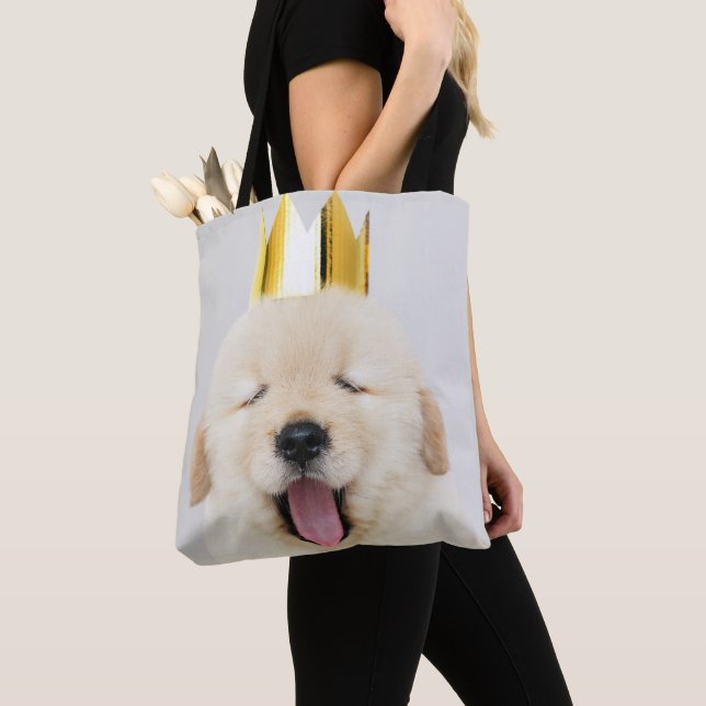 Sleepy Golden Retriever Puppy in Gold Crown Tote Bag (Close Up)