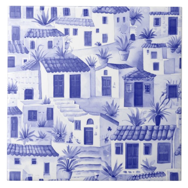 Sleepy Greek Village, Greece Travel Blue and White Ceramic Tile (Front)