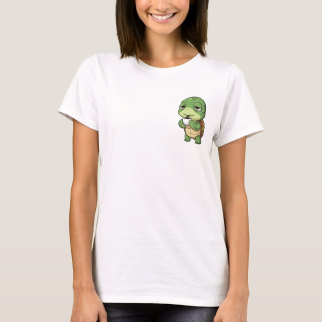 Sleepy Green Turtle Sipping Dark Coffee T-Shirt (Front)