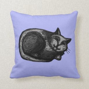 Sleepy Grey Cat Art Periwinkle Pillow