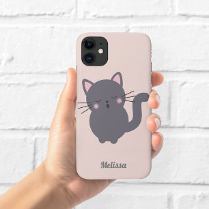 Sleepy Grey Cat Pink Personalised Phone Case