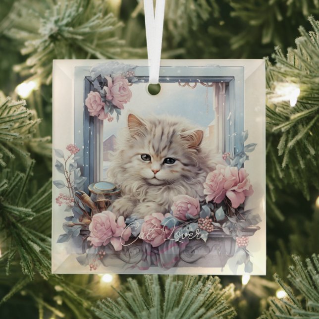Sleepy Grey White Kitten Pink Blue Flowers Glass Tree Decoration (Insitu)