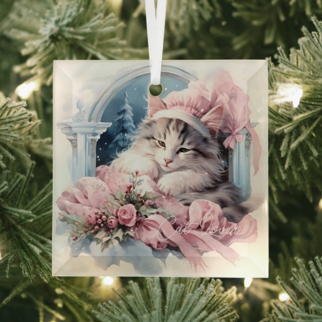 Sleepy Grey White Kitten Pink Frilly Clothes Glass Tree Decoration (Insitu)